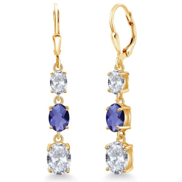 18K Yellow Gold with 5.50  Cttw 3 Stone White Topaz and Blue Iolite Earrings - Picture 1 of 5